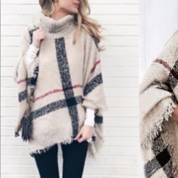 Plaid Fall Stylish Oatmeal Poncho Must Have 🍁 - Picture 4 of 4